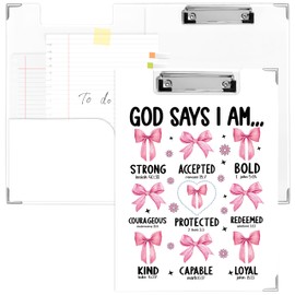 Pink Christian Clipboard Folio with Storage Pocket for Office Classroom, God Says I Am Inspirational Coquette Pink Bow Preppy Padfolio with Metal Clip for Nurses Students Women, 9.1x12.4 in