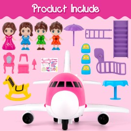 XDUOYJOY Pink Airplane Toy for Kids, Pretend Play Plane with Dolls, Furniture and Accessories, Easy to Store