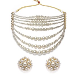 Aheli Gold Tone Multistrand Beaded Pearls Contemporary Choker Necklace & Earring Set Gift for Women