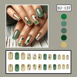 St. Patrick's Day Press on Nails Medium Length Fake Nails Gold Glitter Full Cover Stick on Nails Green Nails Glossy Designs Ireland False Nails Clover Artificial Glue on Nails for Women Girls 24pcs