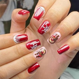 Christmas Press on Nail Red Fake Nails Medium Length Square Press ones with Cartoon Deer Snowflake designs Acrylic Stick on Nails Winter Xmas Glue on Nails Holiday Manicure for Women Girls 24pcs