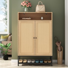 Gyfimoie Rattan Shoe Organizer with Doors, Shoe Storage Cabinet with Adjustable Shelves for Entryway, 7-Tier Entryway Shoe Rack Storage for Hallway, Closet, Living Room