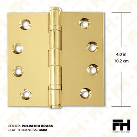 Finsbury Hardware Solid Brass Door Hinge Heavy Duty Ball Bearing Polished Shiny Gold 4x4 Inch - Set of 3 Hinges (Polished Brass)