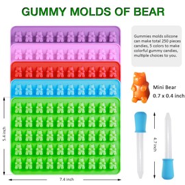 Eolilim 5 Colors Gummy Molds Bear Shape Mini Silicone Molds with 2 Droppers, Candy Molds, Chocolate Molds 250 Gummies