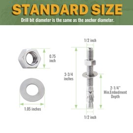 LIONMAX Stainless Steel Concrete Anchor Bolts 1/2" x 3-3/4 Inch, 12-Pack Wedge Anchors for Concrete Cement Wall Base Bracket, Rust and Corrosion Resistant