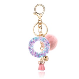 OKAICEN Pink-Purple Resin Alphabet Initial Letter Keychain Key Ring for Women Grils Purse Handbags with Faux Rabbit Fur Ball Pom('O')