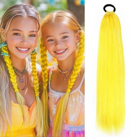 Rainbow Ponytail Extensions With Hair Tie 1 Packs 80g/Pack Coloured Hair Extensions for Braiding 18 inch Colorful Ombre Mermaid Pony Tail Synthetic Hair Extensions for Girl Women XXYellow