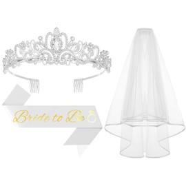 Papoopy 3Pcs Bride to Be Crown with Sash and Veil for Bachelorette Party Decorations, Bridal Shower Accessories for Gift, Favors - Silver