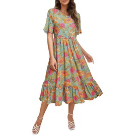 STYLEWORD Women's Summer 2025 Casual Short Sleeve Tiered Flowy Spring Dress Long Midi Beach Sundress Vacation Outfits(Floral25,L)