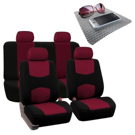 FH Group Bright Flat Cloth Full Set Car Seat Covers, Burgundy/Black- Fit Most Car, Truck, SUV, or Van