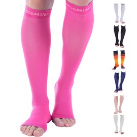 Doc Miller, Open Toe Compression Socks, 8-15 mmHg, Toeless, Support Circulation, Shin Splints, Calf Recovery, Varicose Veins, Knee High, Medical Grade, Pink Socks, Large Size for Men & Women, Pair