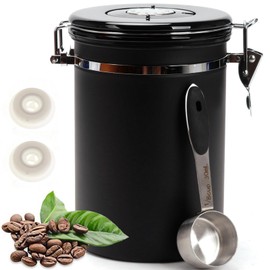 SUEIANNMN1.8L Coffee Canister Airtight, 26oz Coffee Storage Container Stainless Steel Air Tight Coffee Jar with Scoop, Date Tracker, 2 Extra CO2 Release Valve for Beans Ground Tea Flour Sugar (Black)