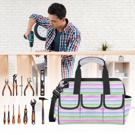 Wave Green Pink Tool Tote Bags Heavy Duty Wide Mouth Tool Bag Multi-pockets 14.8 Inches Tool Organizer Bag with Adjustable Strape for Men and Women