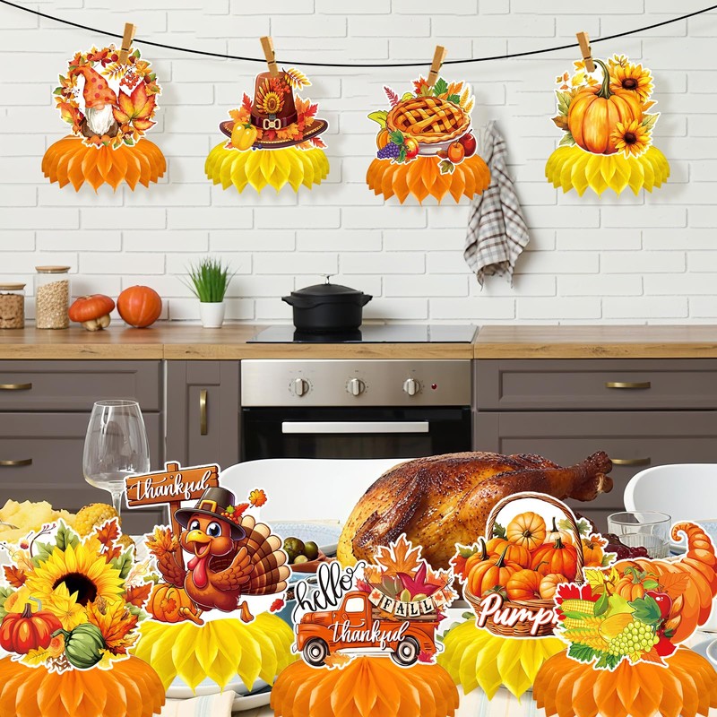 9Pcs Fall Centerpiece Table Decorations, Thanksgiving Honeycomb Centerpiece Pumpkin Turkey