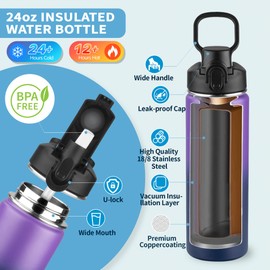 FristChoice Insulated water bottle with Straw,24oz Stainless Steel Water Bottle for Adult Kids,Double Wall Vacuum Wide Mouth Insulated Water Bottle for Sports,BPA-free（24oz,Purple Navy blue）