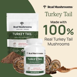 Real Mushrooms Turkey Tail Capsules – Organic Mushroom Extract for Daily Wellness, Gut Harmony, Energy Support – Vegan, Non-GMO, No Fillers – Turkey Tail Extract 200 Count Mushroom Supplement