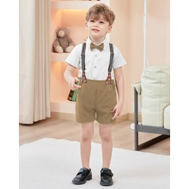 SOLOYEE Toddler Baby Boy Outfits 12-18 Months Boys Clothes Cotton Linen White Short Sleeve Shirts+Bowtie+Khaki Suspender Shorts Gentleman Formal Suits