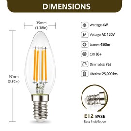YIMILITE B11 E12 LED Candelabra Bulbs 4W(40 Watt Equivalent) 2700K Warm White 450lm dimmable C35 LED Filament Chandelier Light Bulbs Clear Glass Candle Lamp for Ceiling Fan Home Decor 12 Pack