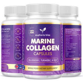 High Strength Marine Collagen Tablets - Skin, Hair, Nails & Joints - Fortified with Hyaluronic Acid, Blueberry, Biotin, Vitamin C, E, B2, B7 & Minerals - 1400MG - Type 1 90 Capsules