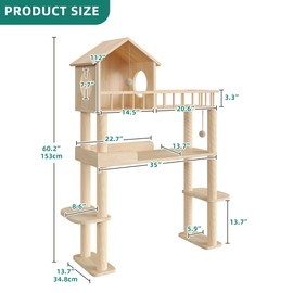 Homiflex Wood Cat Tower for Automatic Litter Box, 60.2" H Tall Cat Tree for Self Cleaning Litter Box, Multi-Level Solid Wood Cat Tree Tower Cat Furniture w/Scratching Post, House, Burlywood