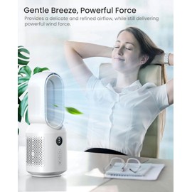 Oscillating Tower Fan, Bladeless Fan for Bedroom, Rechargeable Desk Fan with 3 Speeds, 3 Modes Brightness LED Light, Quiet Bladeless Standing Fan for Home Office, White