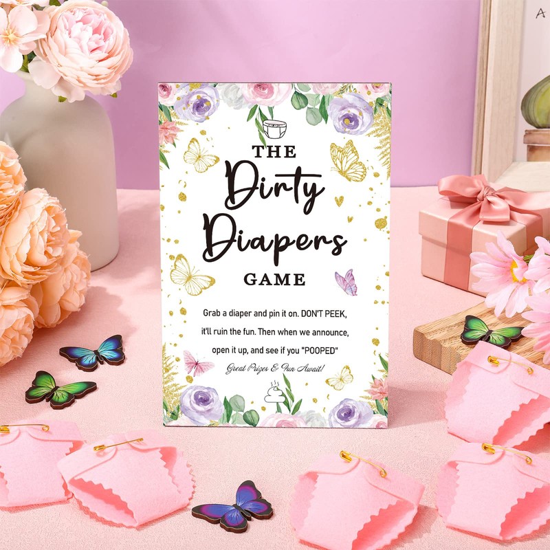 BBTO 51 Pcs Dirty Diaper Baby Shower Games Butterfly Baby