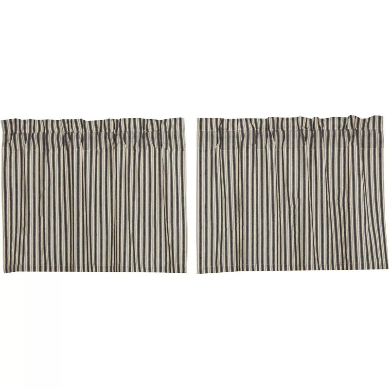 VHC New Primitive Farmhouse WHITE BLACK STRIPED TICKING TIERS Curtains