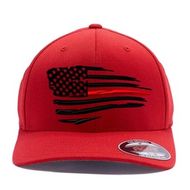 Thin Red Line/Blue Line Waving USA Flag. Custom Embroidered, 6277 Flex Fitted Wooly Combed Cap. (S/M, Red)
