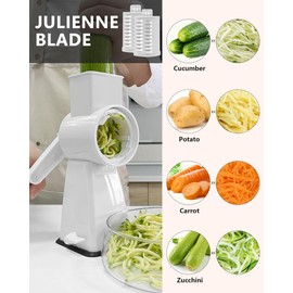 SUREWIN 3-in-1 Rotary Cheese Grater Handheld, Lightweight Body with 3 Stainless Steel Blades & Non-Slip Suction Base, for Shredding Parmesan, Slicing Vegetables, Grating Chocolate（White）