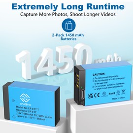 anegine LP-E17 Battery 1450mAh with Type-C Direct Charging Port for Canon EOS R8 R10 R50 R100 RP 77D 850D 800D 760D 750D 200D Rebel SL2 SL3 T6i T6s T7i M3 M5 M6 KISS X8i Camera (2-Pack)