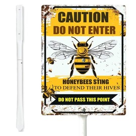 Generic Honey Bees Yard Sign, Caution Do Not Enter, Honeybees Sting To Defend Hives, Warning Sign 8"" x 12"", Bees Garden Sign With Stake, Aluminum Lawn Sign