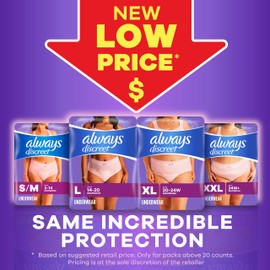 Always Discreet Adult Incontinence Underwear for Women and Postpartum Underwear, XL, Up to 100% Bladder Leak Protection, 64 Count (Packaging May Vary)