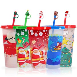 MOJMBSBY Pack of 5 Christmas Colour Changing Cups with Lid and Straw for Christmas Decoration, Reusable Cups for Christmas Party, 24 oz