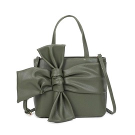 Women's Big Stylish Bow Lightweight PU Leather Shoulder Bag Handbag with Long Strap -OLIVE