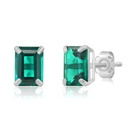 MAX + STONE 14k White Gold Solitaire Created Green Emerald Emerald Cut Stud Earrings for Women | 7x5mm May Birthstone