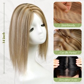 starluck Hair Toppers for Women 14 inch Real Human Hair Topper No Bangs 5"*5.5" Base Medium Brown&Dark Blonde Hair Toppers for Women with Thinning Hair Cover Grey Hair