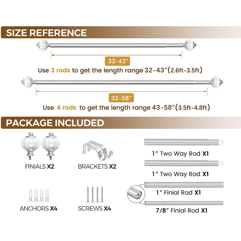 KAMANINA Silver Curtain Rod 32 to 58 Inch(2.6-4.8ft), 1 Inch