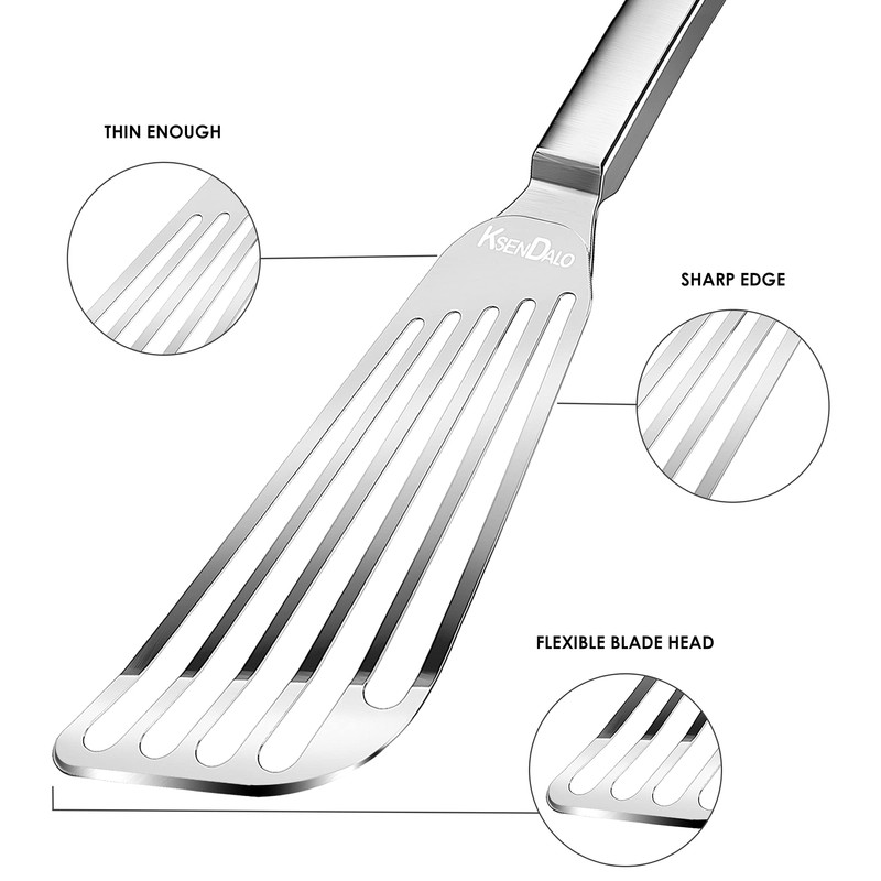 KSENDALO Thin Fish Spatula Stainless Steel -Flexible Slotted Egg Flipper