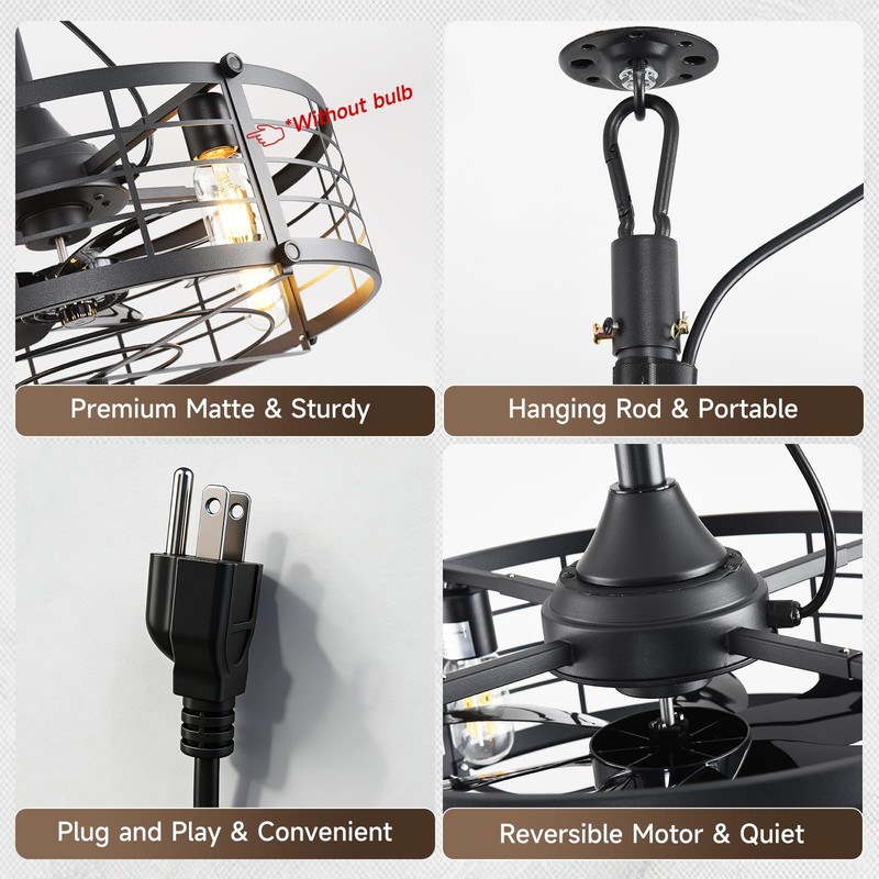 AHAWILL 20" Gazebo Fan with Light,Plug and Play,Outdoor Hanging Fan