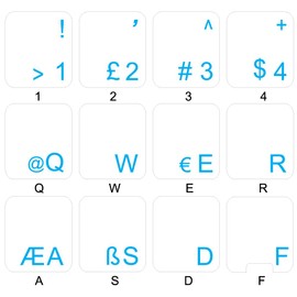 TURKISH Q KEYBOARD STICKERS with BLUE LETTERING ON TRANSPARENT BACKGROUND