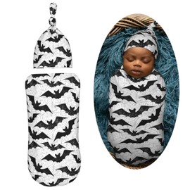 Muishi Black Bat Newborn Swaddle Blankets Hat Sets Soft Baby Receiving Blanket Swaddle Sack for Baby Shower Infant Boy Girl Gift