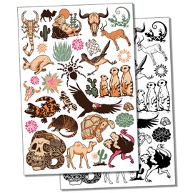 Desert Cactus Animals Southwestern Temporary Tattoo Water Resistant Fake Body Art Set Collection - Black (One Sheet)
