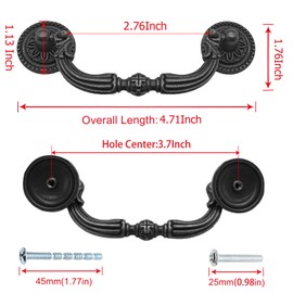 Litoexpe 4-Pack French Provincial Drawer Pulls, Antique Black Cabinet Pulls, Hole Center 3.5 Inch, European Style Vintage Decorative Pull Handles with Mounting Screws