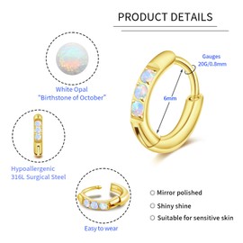 1Pair 6mm Opal Small Hoop Earrings for Women,Dainty 14K Gold Plated Hypoallergenic Hinge Huggie Cartilage Hoop Earrings Can Be Used as a Helix/Rook/Conch earrings for Multiple Piercings