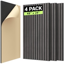 TONOR 4PCS Wood Slat Panels, 48” x 24”Adhesive Acoustic Panels for Wall, Decorative 3D Fluted Panels for Sound Absorbing, Soundproof Panels with Wood Finish for Living Room, Ebony Wood Black
