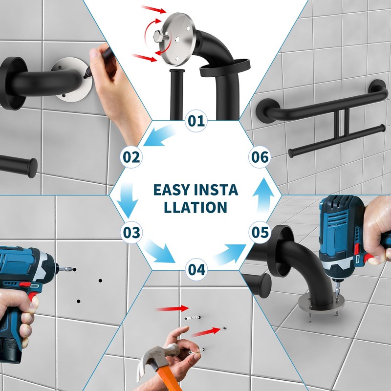 Grab Bar w/Double Toilet Paper Roll Holder Black, iHansee Stainless