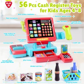 PLAY Kids Cash Register Toy Supermarket with Register Pretend Play Calculator Register Toys with Scanner/Microphone/Credit Card/Conveyors/Cans/Drink/Play Money, Cash Register for Kids Ages 3+