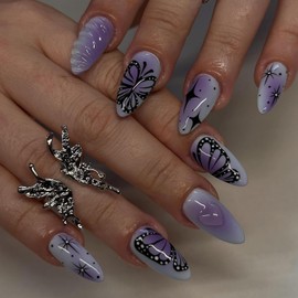 CJDLTS Purple Gradient False Nails Almond Press on Nails Medium Butterfly Stars Pattern Design Acrylic Nails 3D Love Heart Fake Nails Artificial Coffin Nails Acrylic Stick on Nails for Women 24Pcs