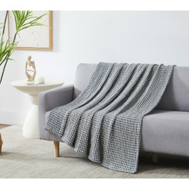 Southshore Fine Living, Inc. Checkered Blanket Queen Size or Full Size, Oversized Waffle Blanket, 100% Cotton, Cooling in Summer, Warm in Winter, Oeko-TEX Certified, Blue and White Check