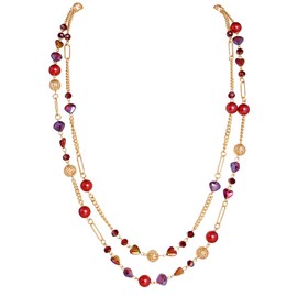 Bocar Beaded Necklace, 2 Layer Long Link Chain Necklace Crystal Beads for Women, Choker Jewelry Gift (NK-10689-Red)